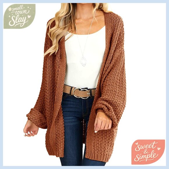 Chunky Knit Cardigan Long Sleeve Open Front Oversized Loose Fit Sweater